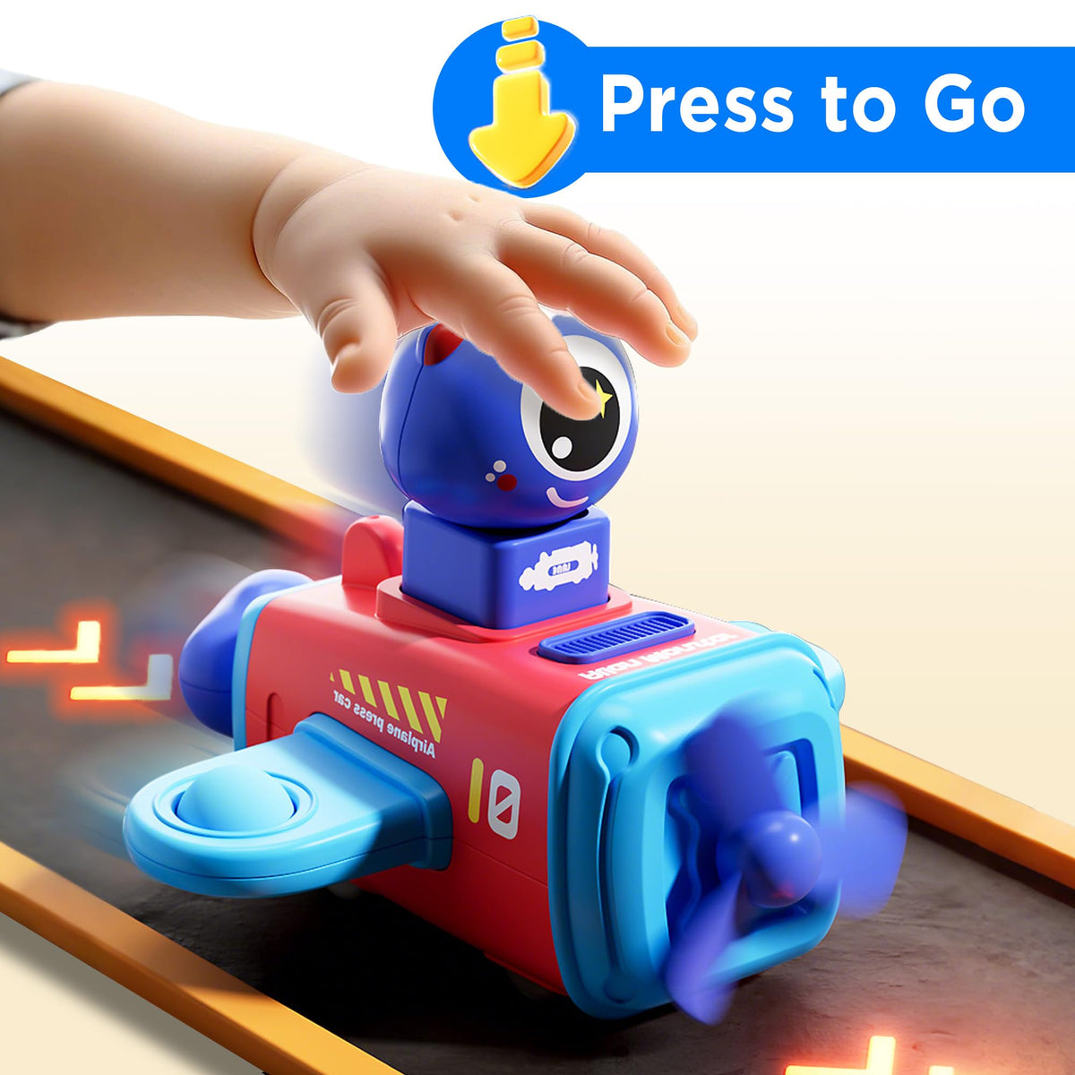 iPlay Press to Go airplane car toy side view highlights compact, travel-ready fun for families.