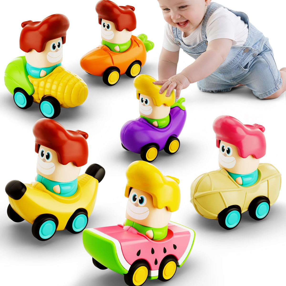iPlay press-go car toy in action encouraging quick toddler play.