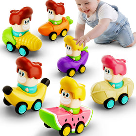 iPlay press-go car toy in action encouraging quick toddler play.
