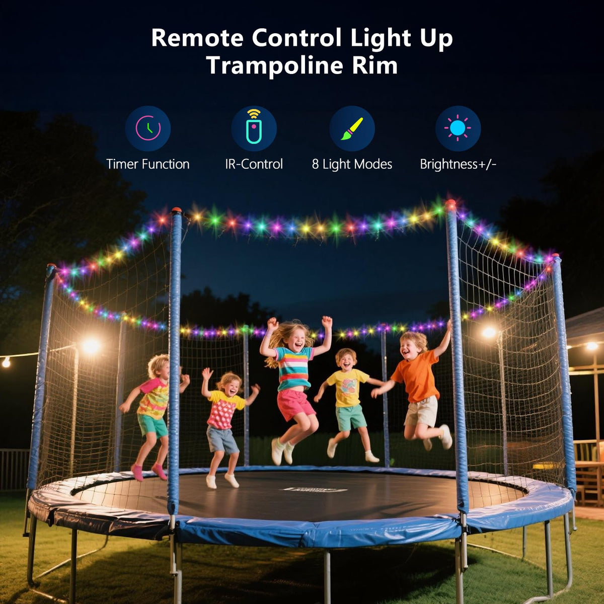 IPOOLTENG trampoline lights show 16 colors for vibrant evening fun.