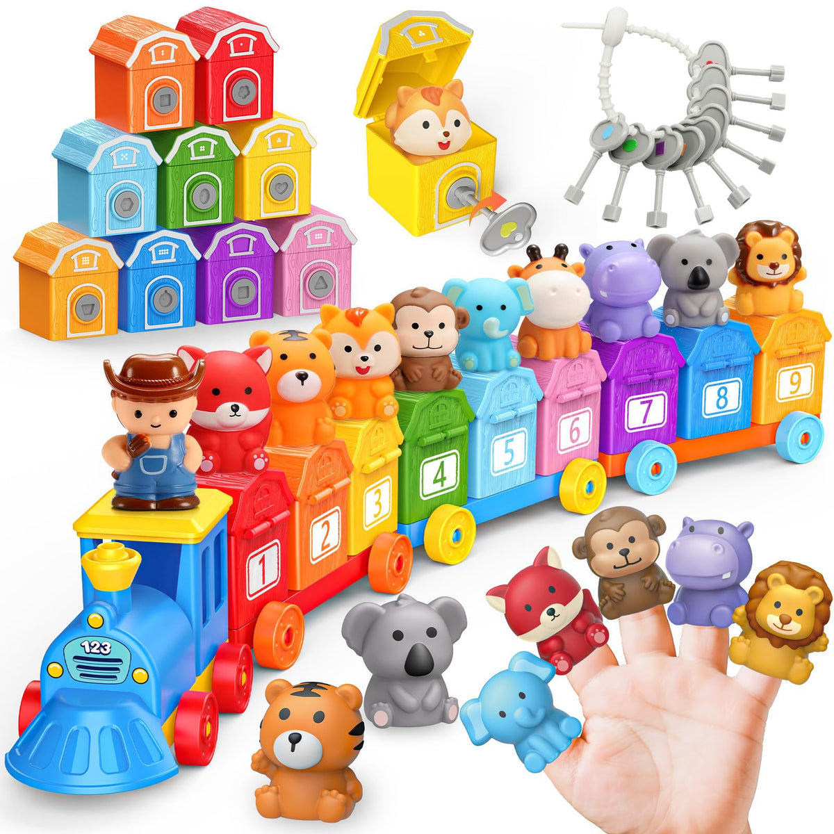IPOURUP animal Montessori train set front view for counting and color learning.