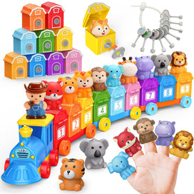 IPOURUP animal Montessori train set front view for counting and color learning.