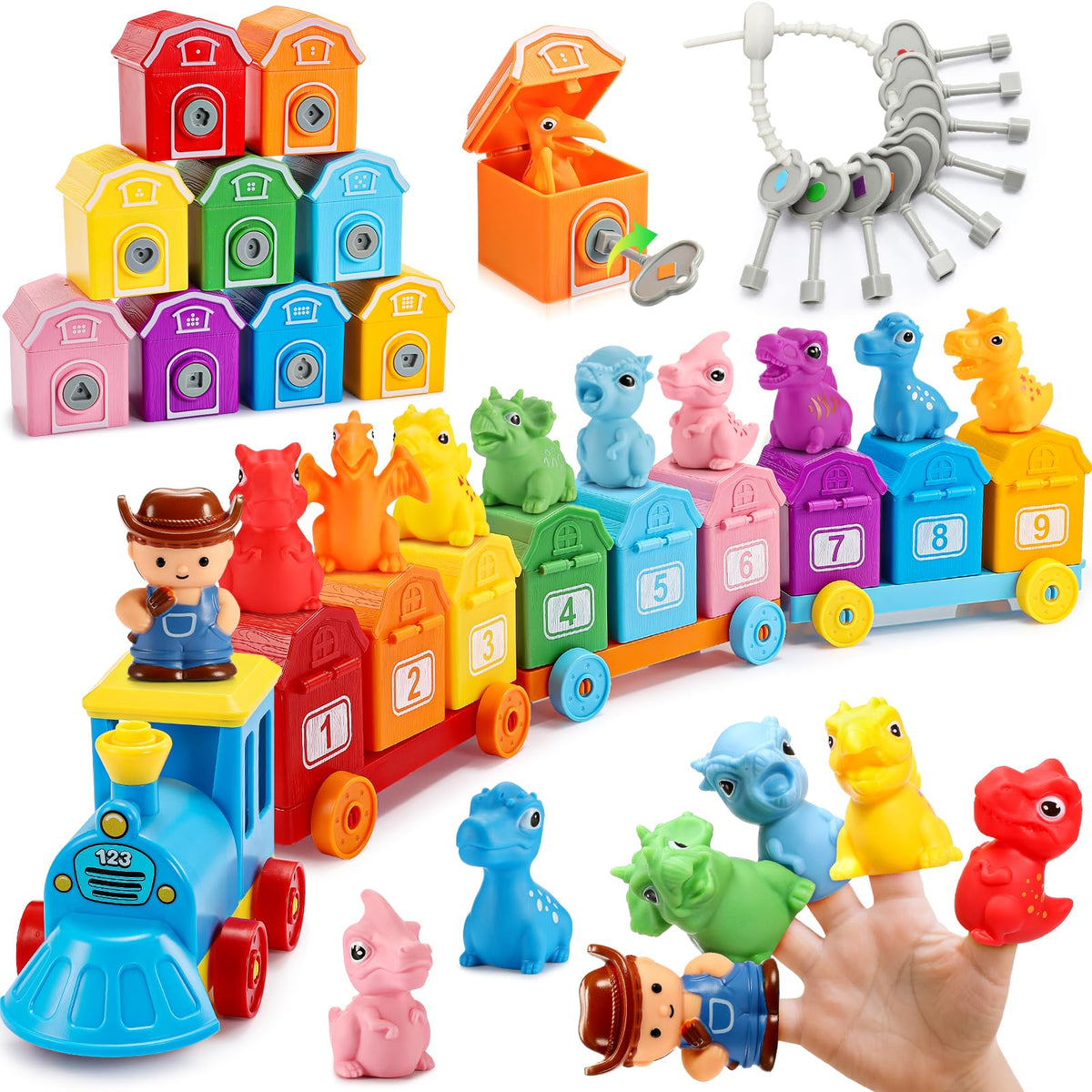 IPOURUP dinosaur train cabins showing hands-on matching to boost fine motor skills
