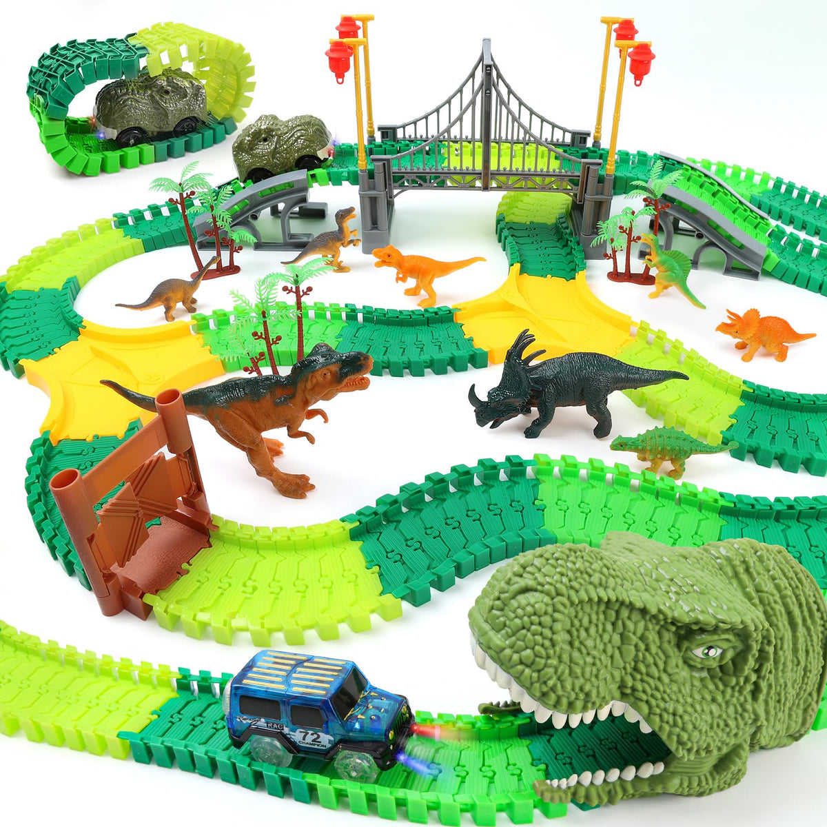 IQKidz Dinosaur World Race Track showing a large 216-piece layout for creative play