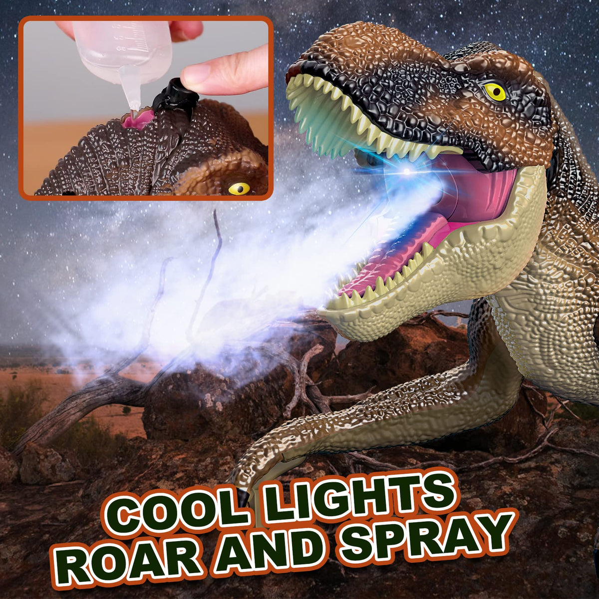 IQKidz remote-control dino sprays mist for lifelike action moments.