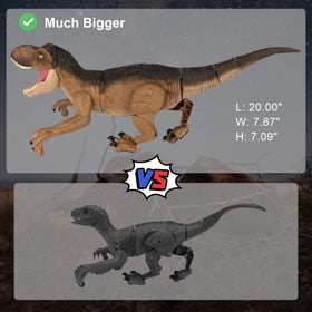 IQKidz remote-control dino walks across the floor with blue glow.