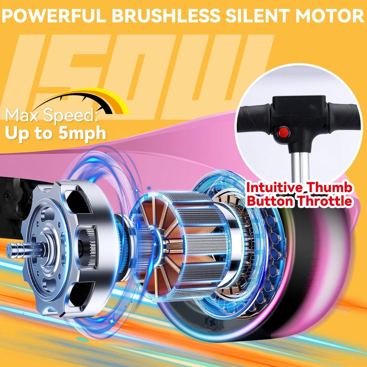 IRIMMY 150W motor close-up highlights powerful, quiet propulsion for smooth starts.