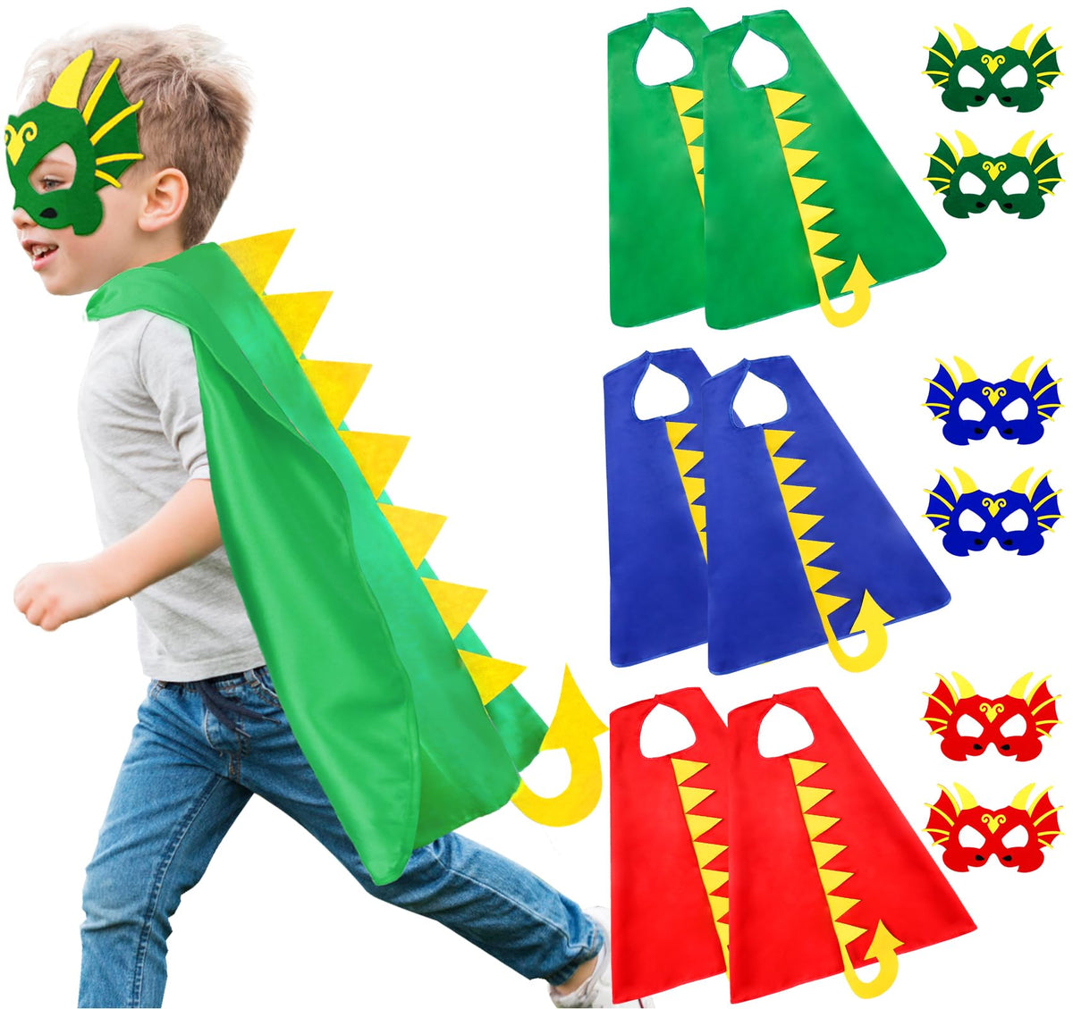 iROLEWIN dinosaur capes 6-pack for kids, durable dress-up fun for imaginative play.