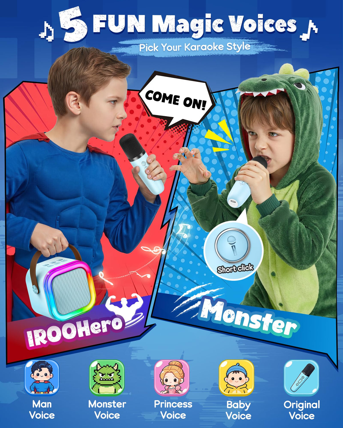 IROO disco lights glow during a lively family karaoke session