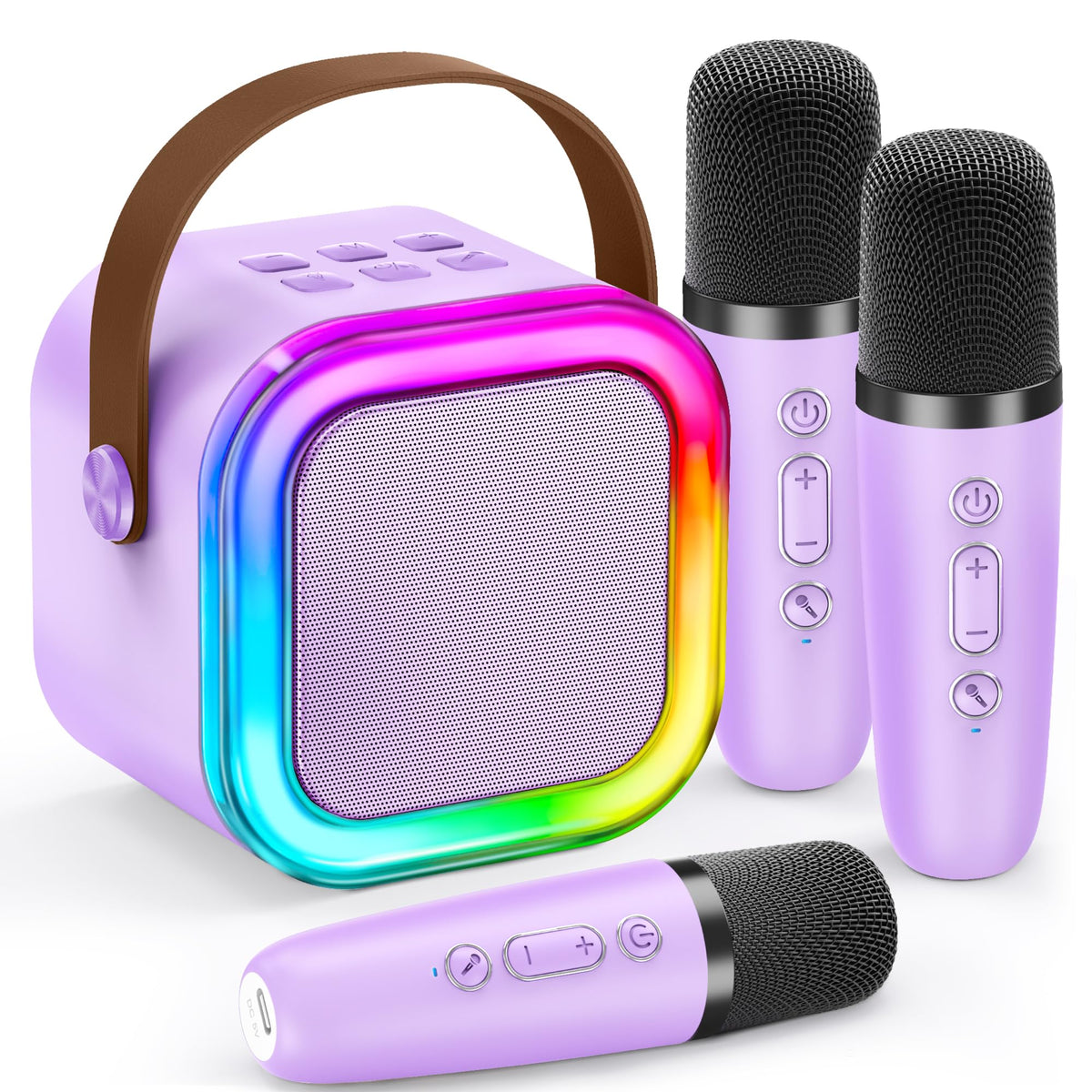 IROO mini karaoke machine with dynamic LED lights creates a kid-friendly stage vibe.