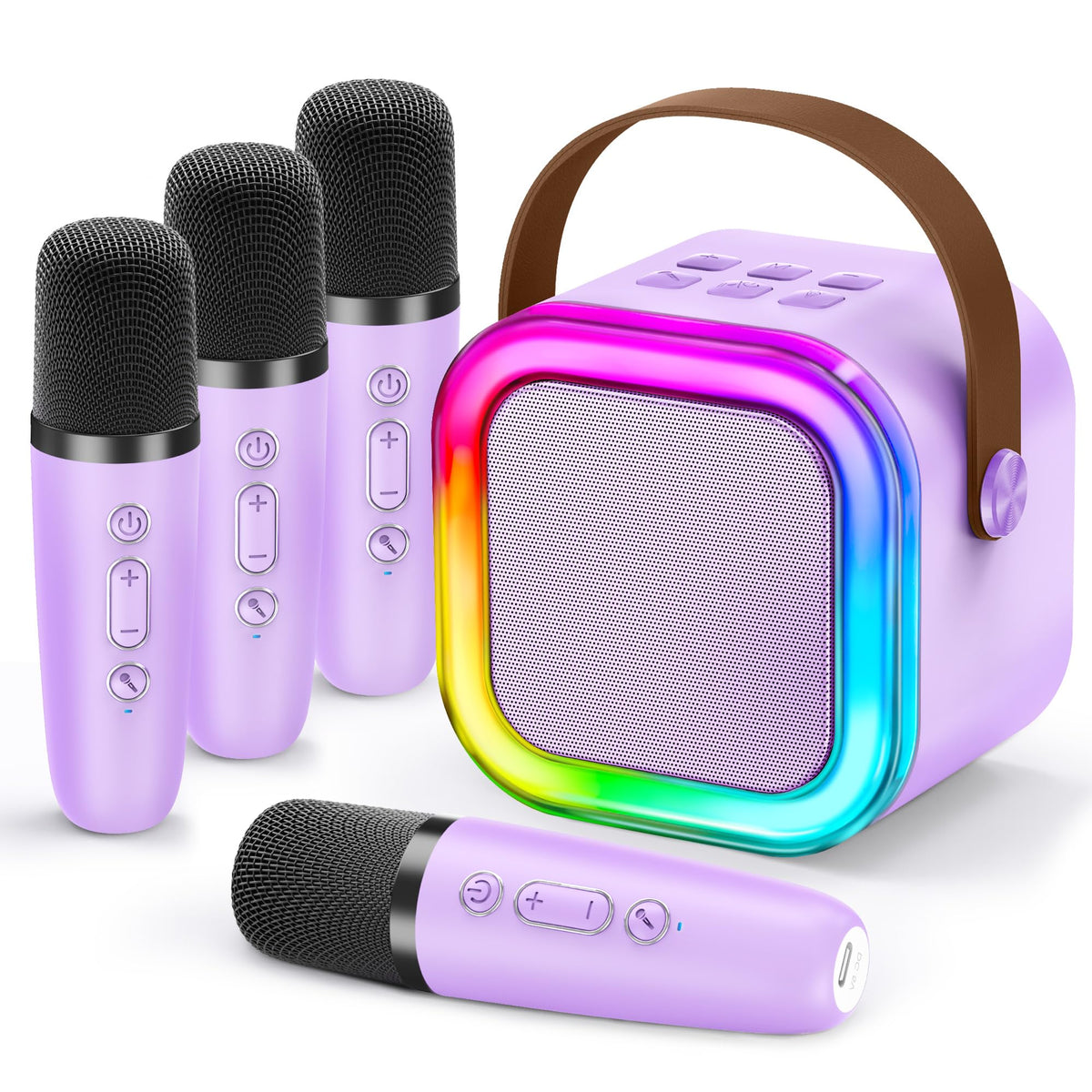 IROO mini karaoke machine front view with colorful lights for a kid-friendly stage.
