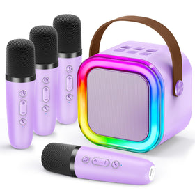 IROO mini karaoke machine front view with colorful lights for a kid-friendly stage.
