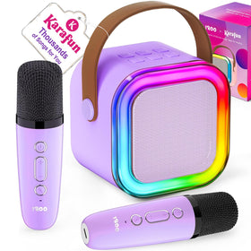 IROO mini karaoke machine for kids with dual mics on a colorful backdrop.