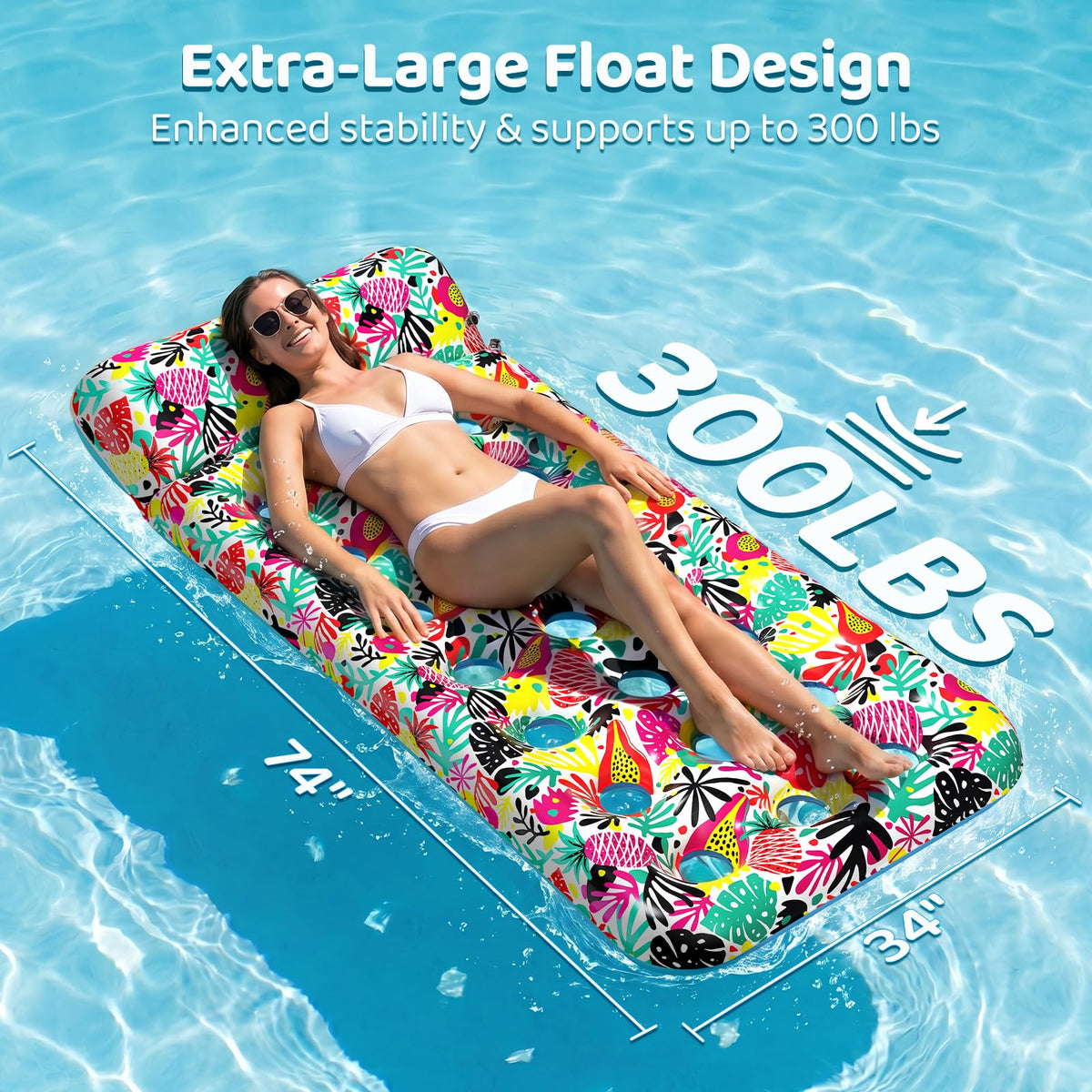 IRUIRUI oversized float measures 74 by 34 inches for stable, relaxed buoyancy