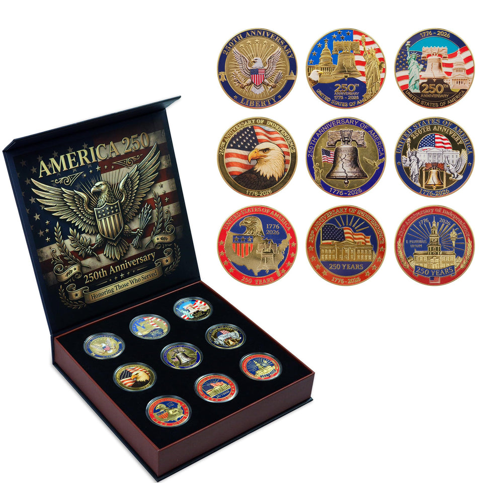 IRXVESA 9-piece coin pack with eagle design, ideal for gift-ready desk display.
