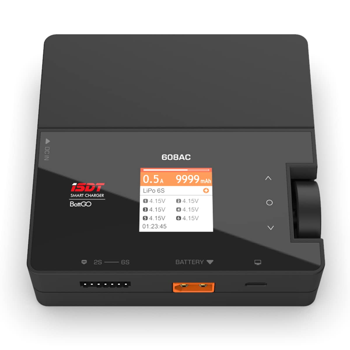 ISDT 608AC charger color display shows per-cell voltage for precise monitoring.