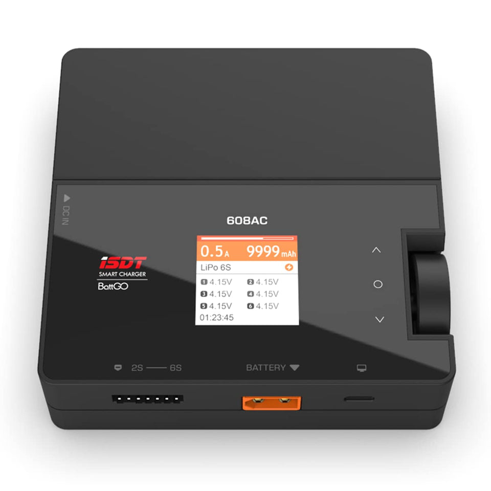 ISDT 608AC charger color display shows per-cell voltage for precise monitoring.