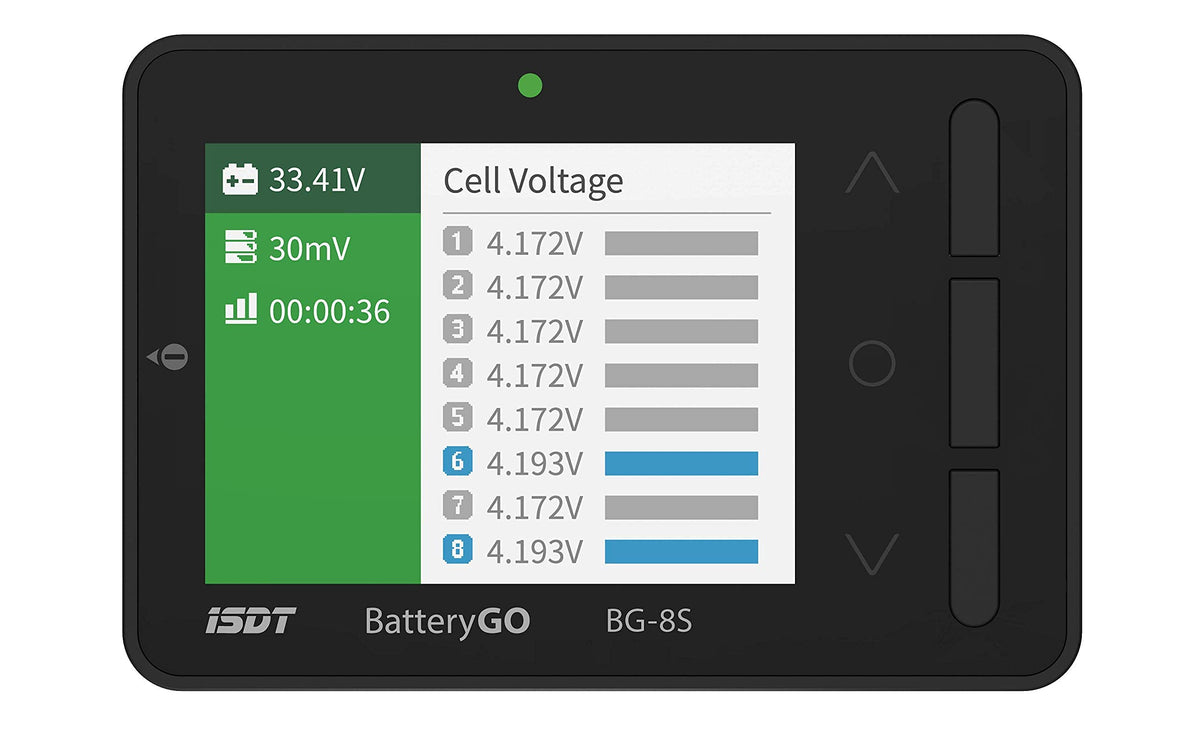 ISDT BG-8S display panel shows cell voltages for quick health checks