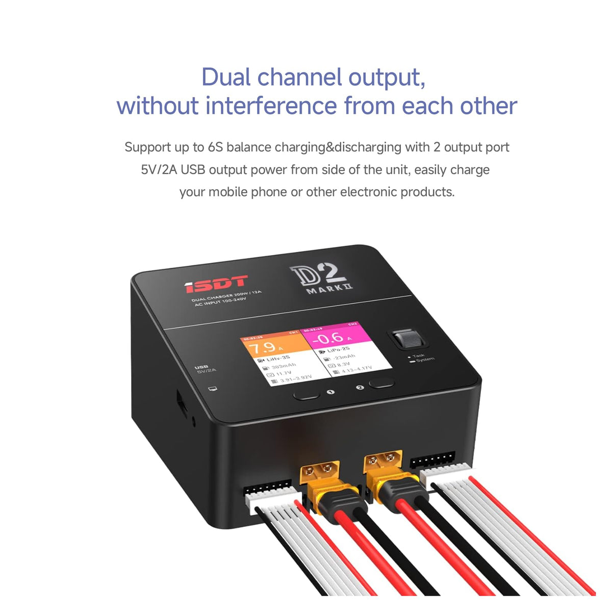 ISDT D2 Mark 2 DC power CH1 function supports bench-style testing.