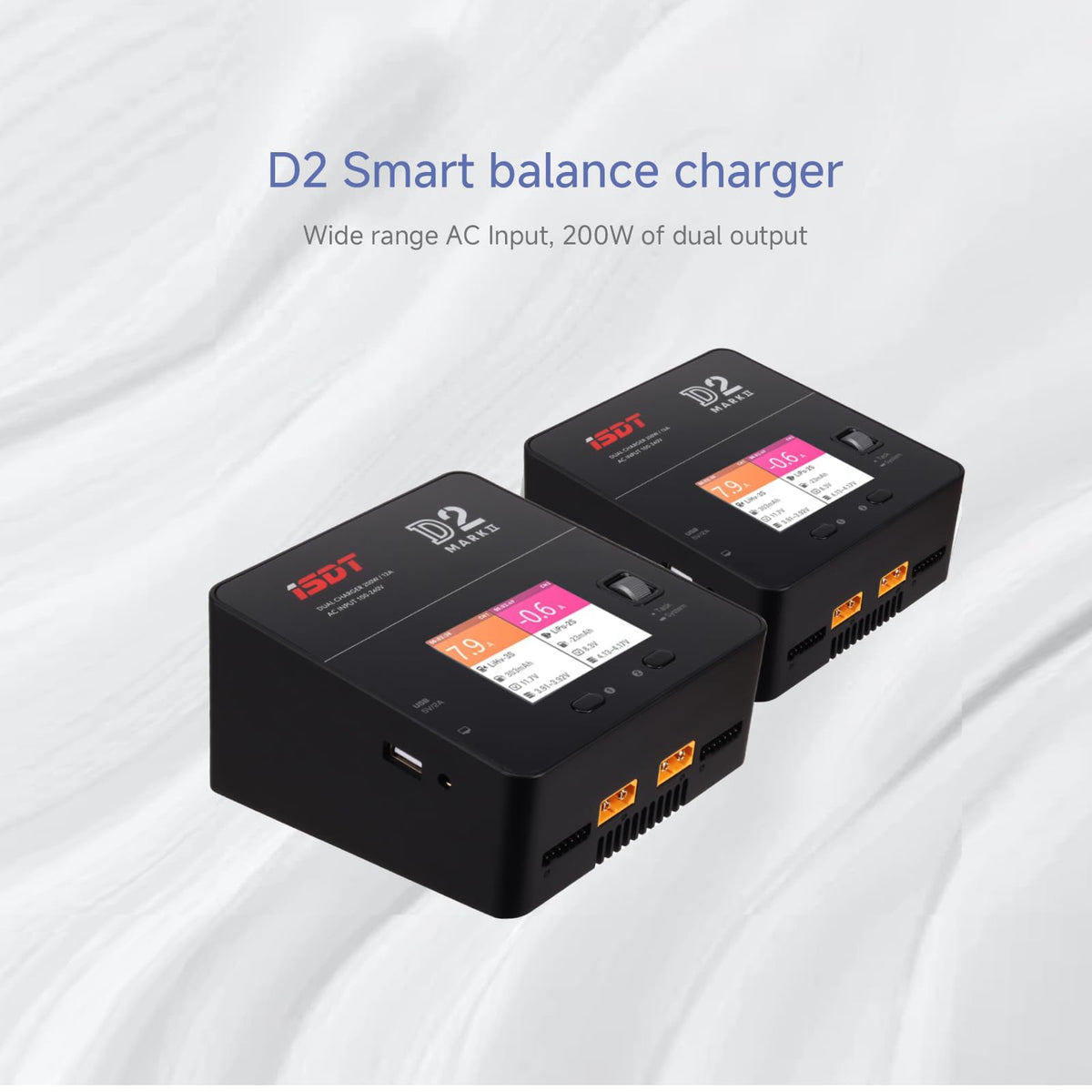 ISDT D2 Mark 2 dual-channel output enables independent charging for two packs.