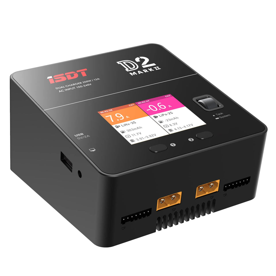 ISDT D2 MK2 front view showing dual 200W charger with balanced charging