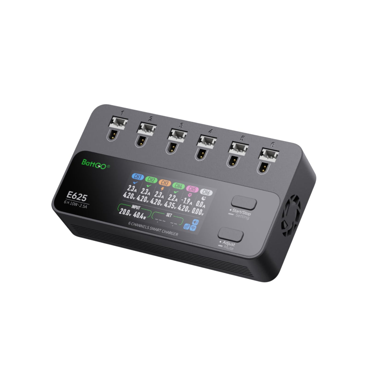 ISDT E625 front view showing a compact six-port charger for field use.