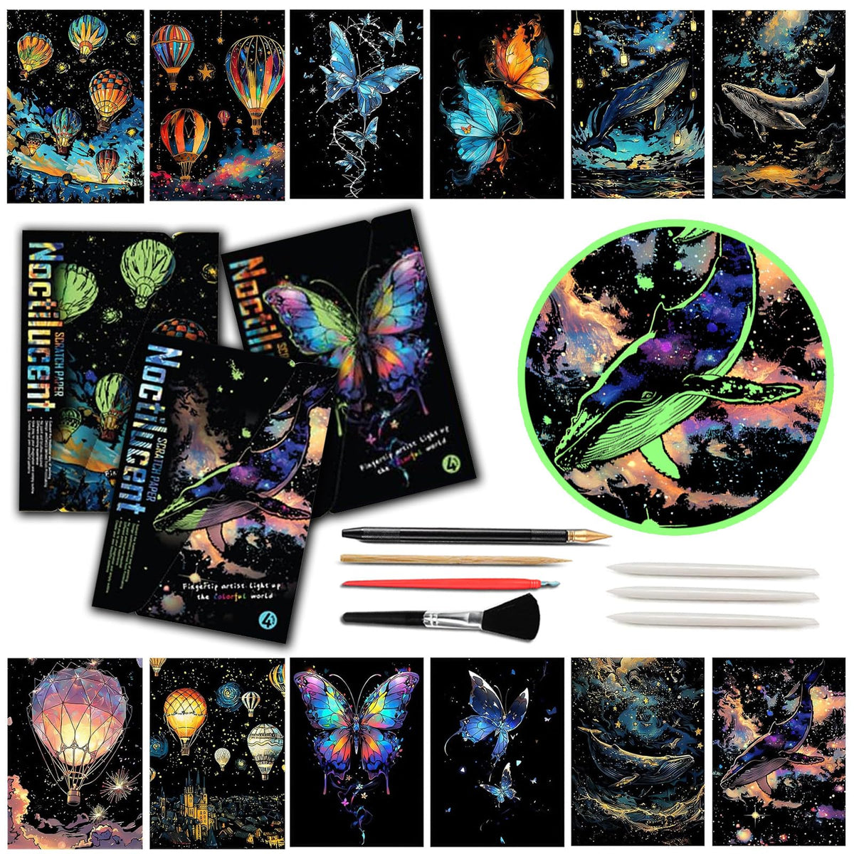 Iskueal glow-dark scratch art paper a4 reveals luminous designs for relaxing evenings.