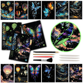 Iskueal glow-dark scratch art paper a4 reveals luminous designs for relaxing evenings.