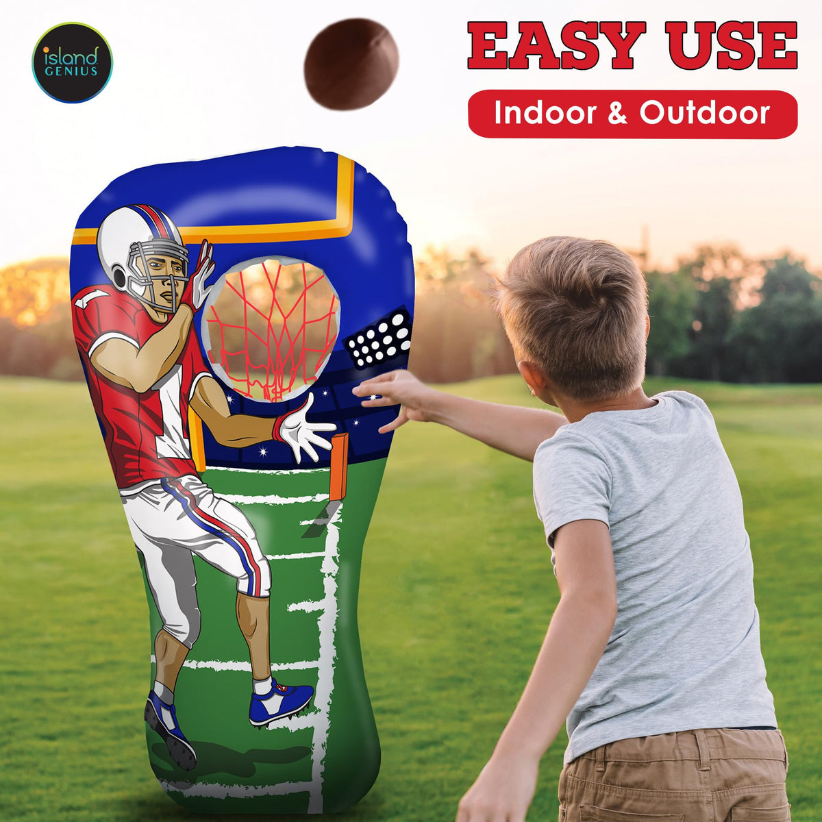 Kids playing Island Genius inflatable target during backyard game