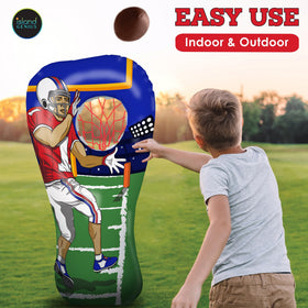 Kids playing Island Genius inflatable target during backyard game