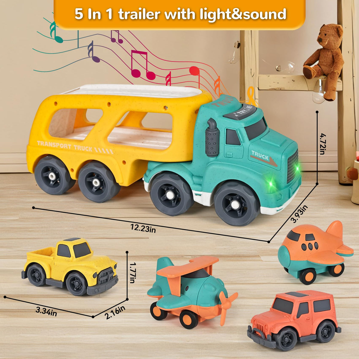 ISMETACU car carrier truck multi-vehicle set includes cars and planes for creative play