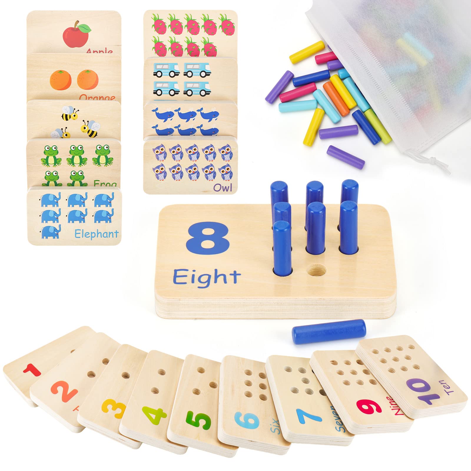 ISMETACU Wooden Montessori Number Blocks – Counting Peg Board for Kids ...