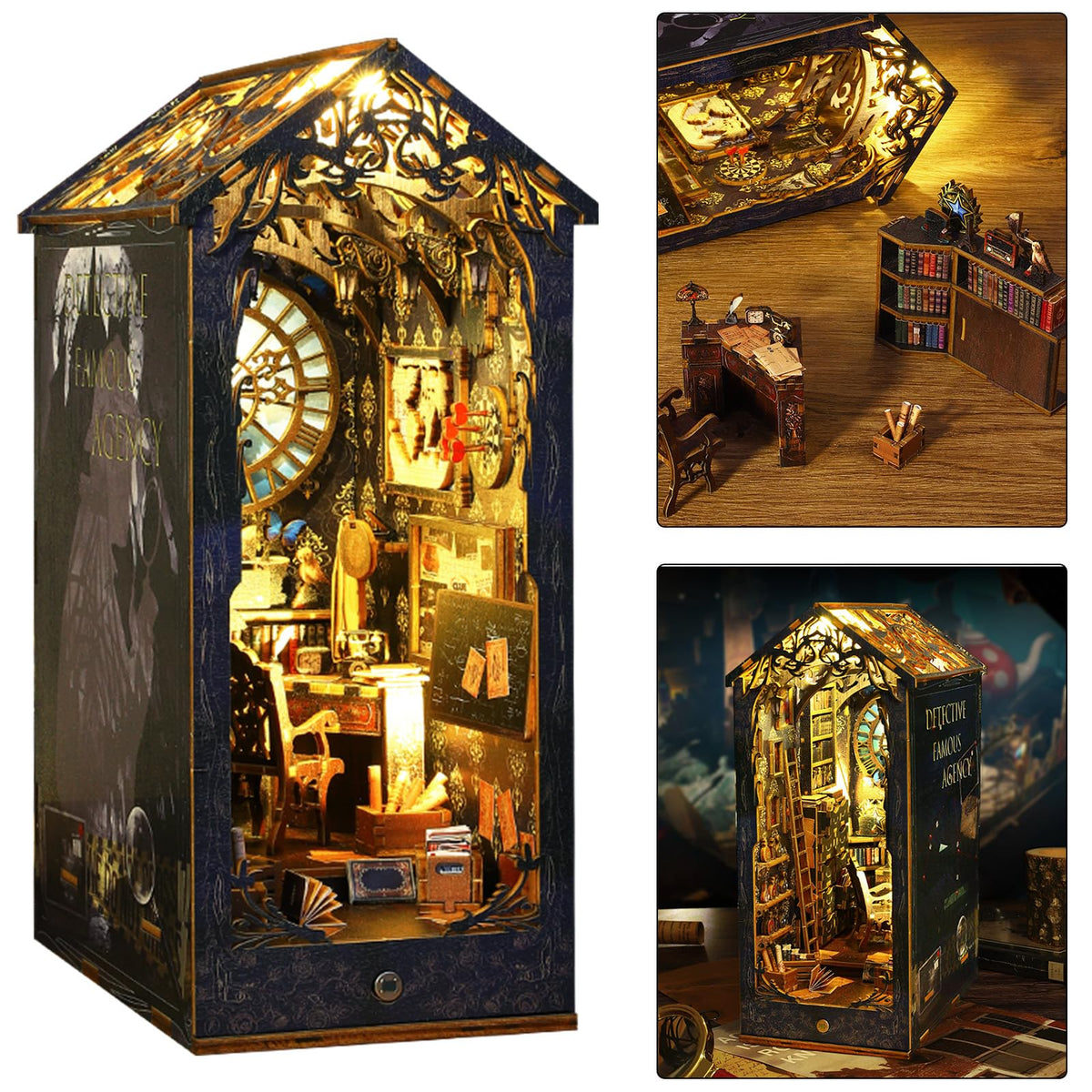 ISSEVE DIY Book Nook Kit assembly scene showcasing a detective agency interior for bookshelf decor.