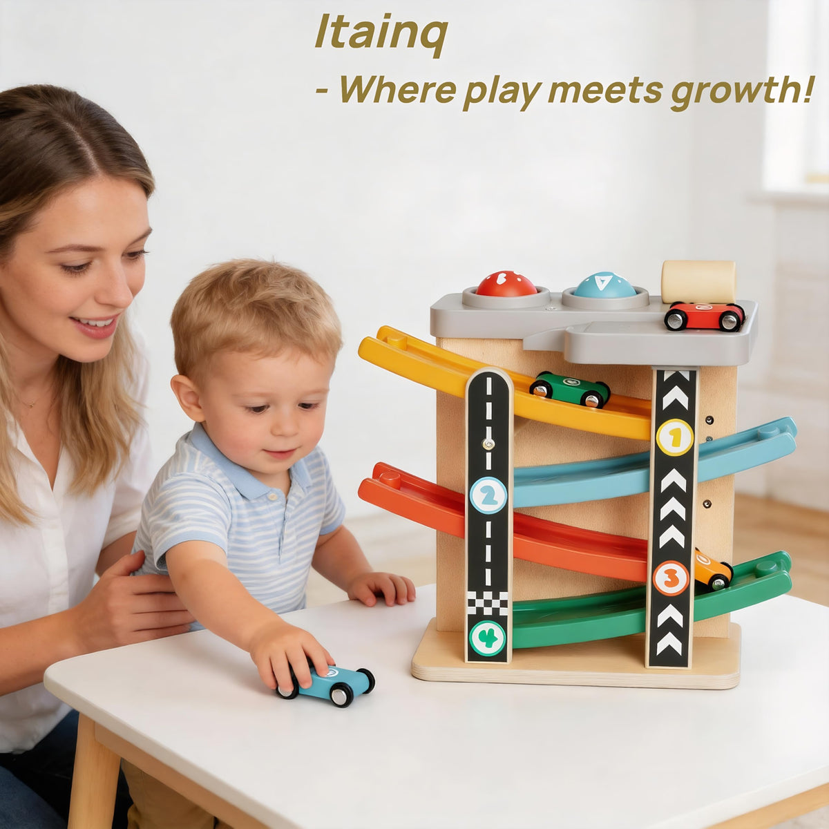 Itainq rainbow race car ramp image showing cause-and-effect exploration for little hands.