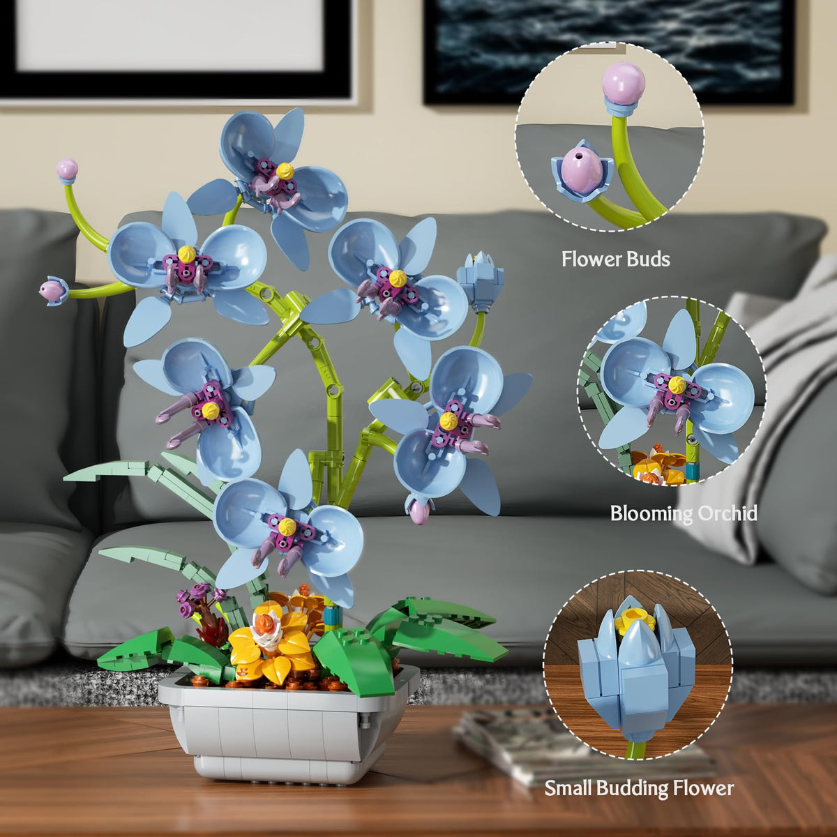itshWOee Blue Orchid Bonsai rotating model adds lifelike motion to a stylish shelf display