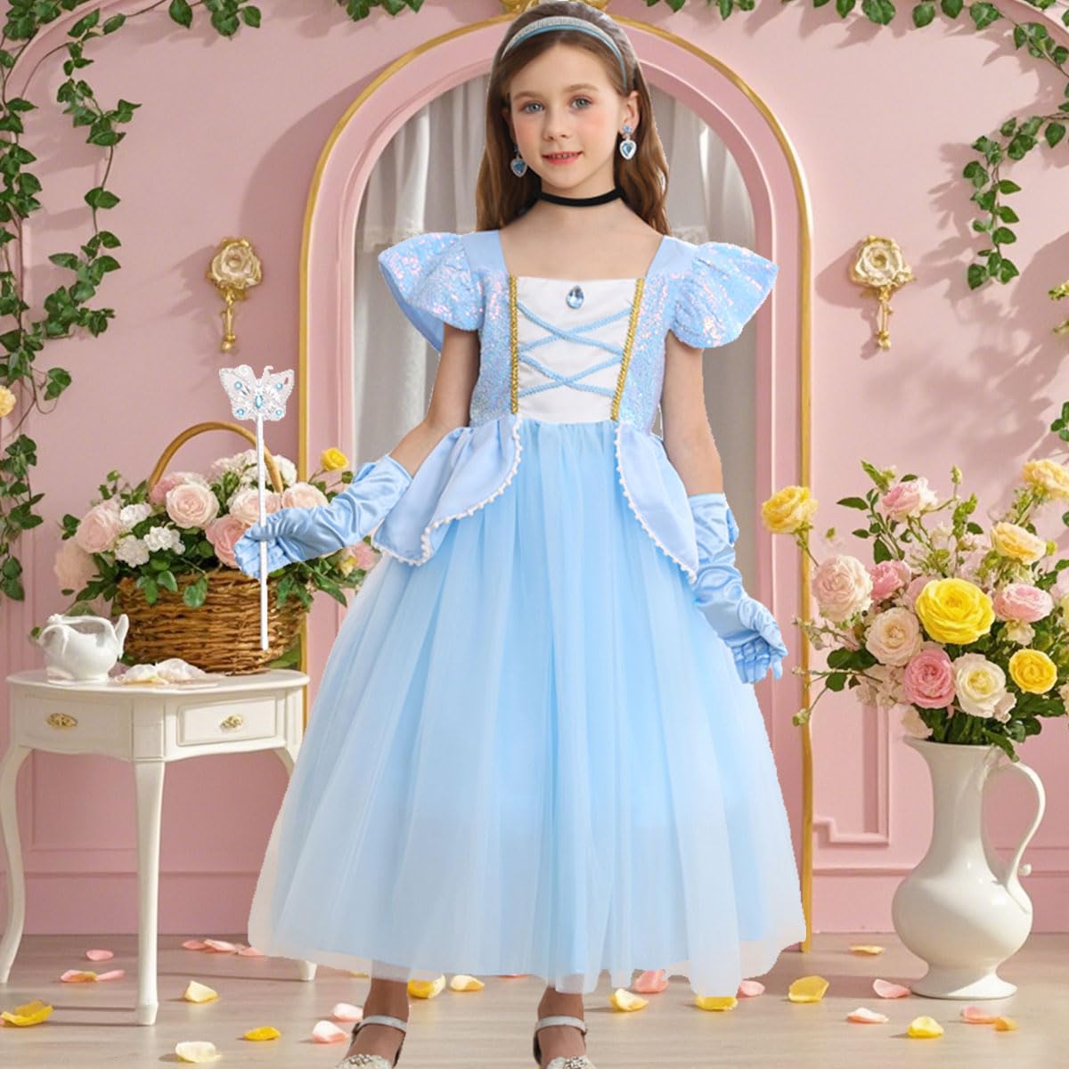 iTVTi Princess Cinderella dress blue petal waist close-up for graceful fit