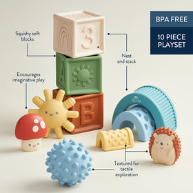 Itzy Ritzy block stack play supports early coordination through reach, grab, and balance.