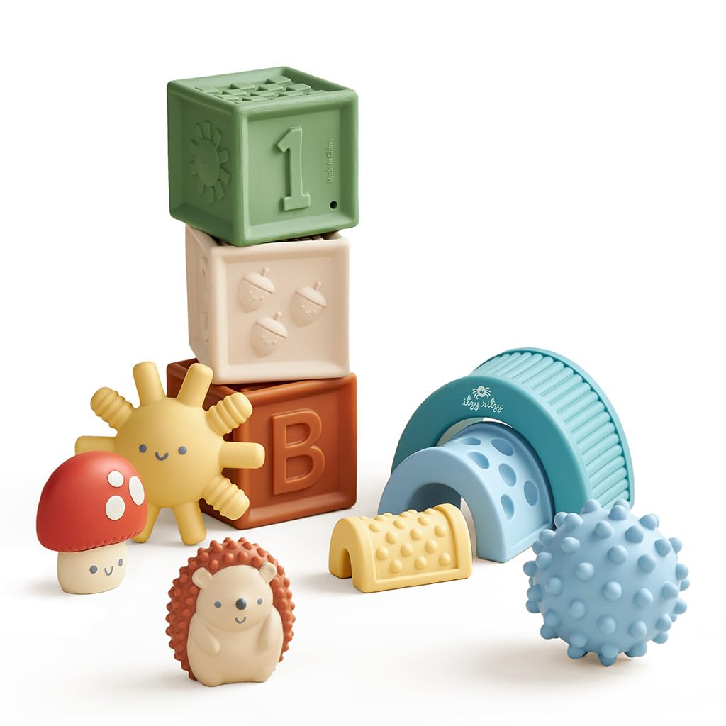 Itzy Ritzy sensory blocks set with textured shapes promotes fine motor exploration for babies.