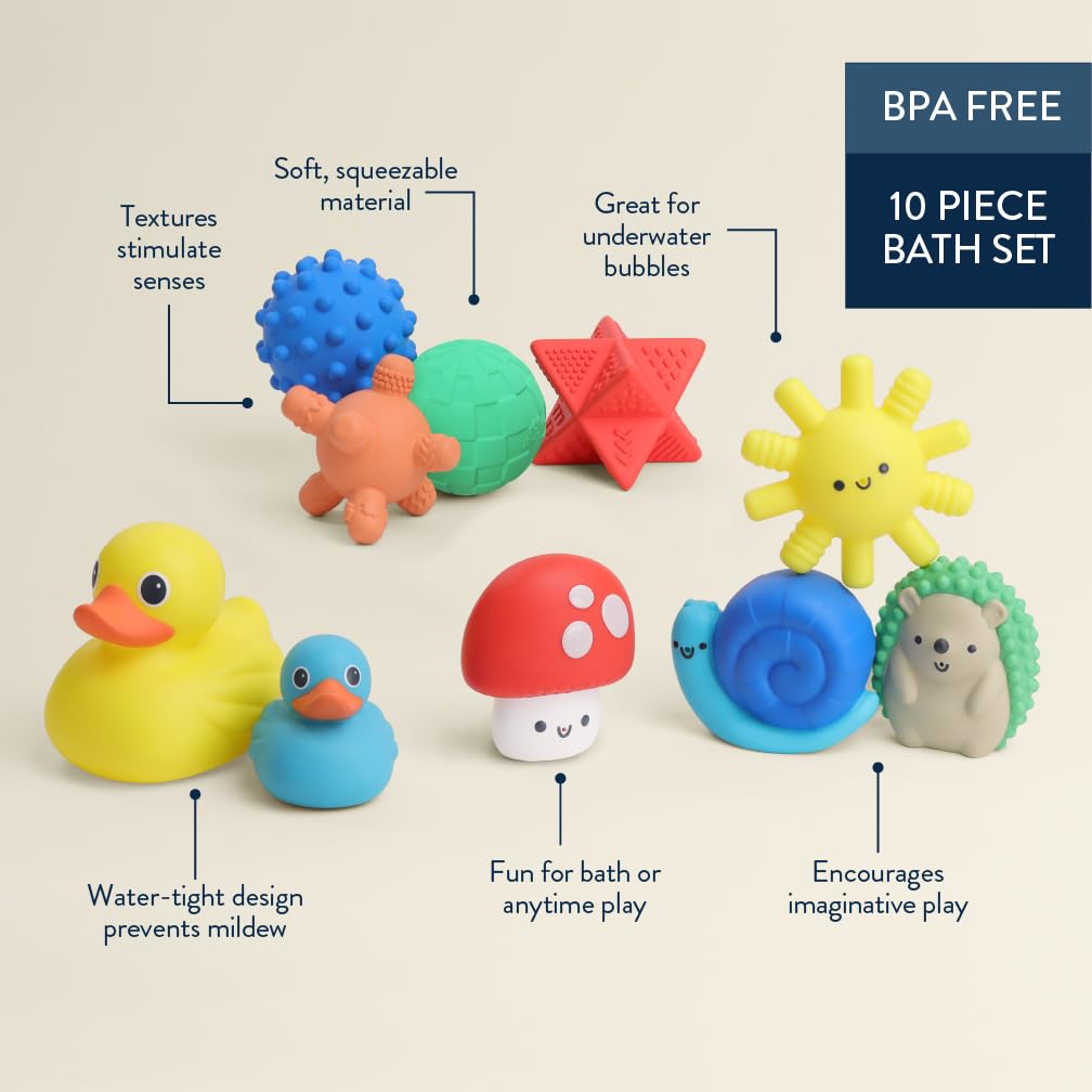 Itzy Ritzy soft squeezable toys with textures for tactile bath-time exploration.