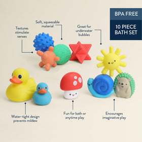 Itzy Ritzy soft squeezable toys with textures for tactile bath-time exploration.