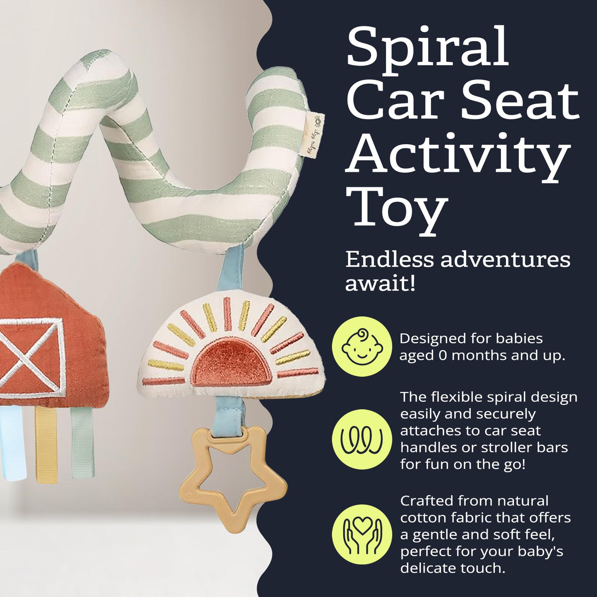 Itzy Ritzy Spiral car seat toy crinkle sound adds gentle auditory stimulation on outings.