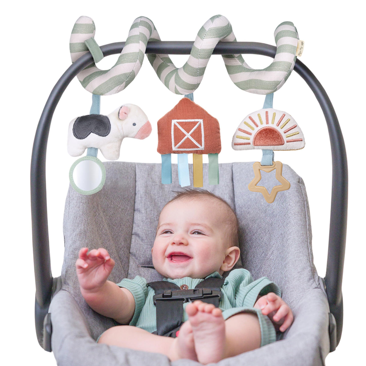Itzy Ritzy Spiral car seat toy with dangling ring for tactile, on-the-go engagement.