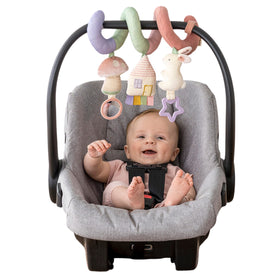 Itzy Ritzy Spiral Car Seat Toy with a dangling ring for on-the-go engagement.