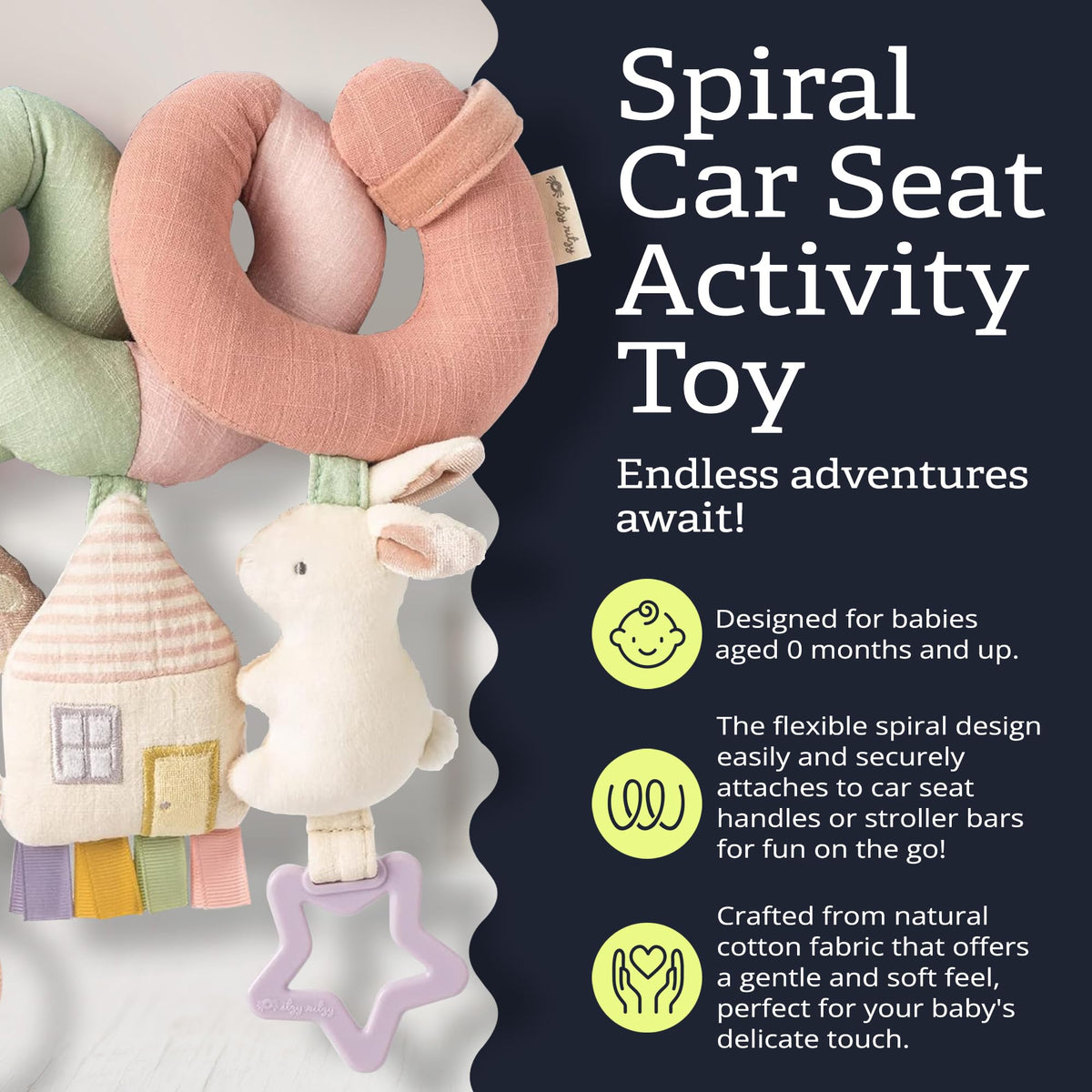 Itzy Ritzy Spiral Car Seat Toy features a soft minky bunny for cuddle-worthy play.