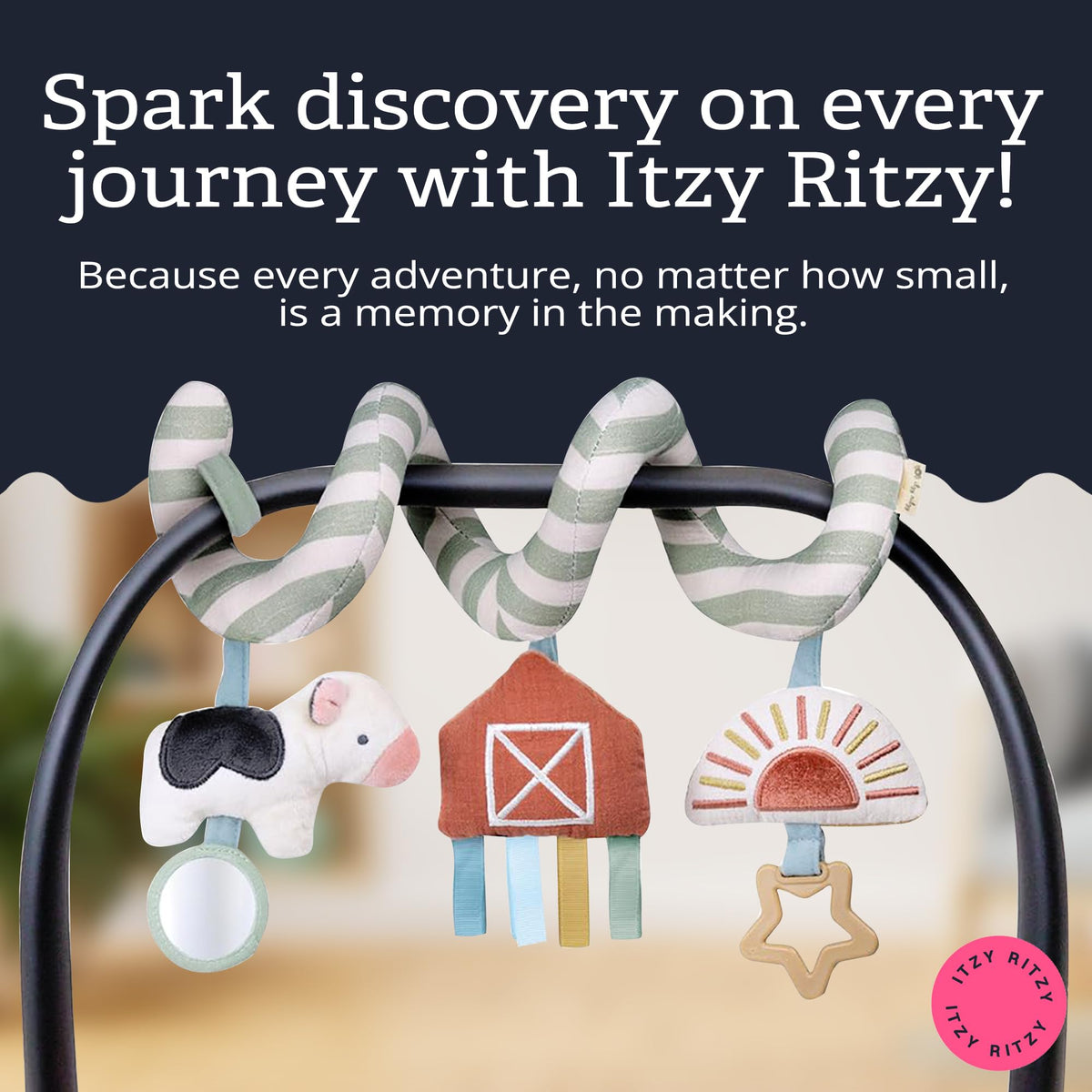 Itzy Ritzy Spiral car seat toy minky sun offers cozy textures for baby exploration.