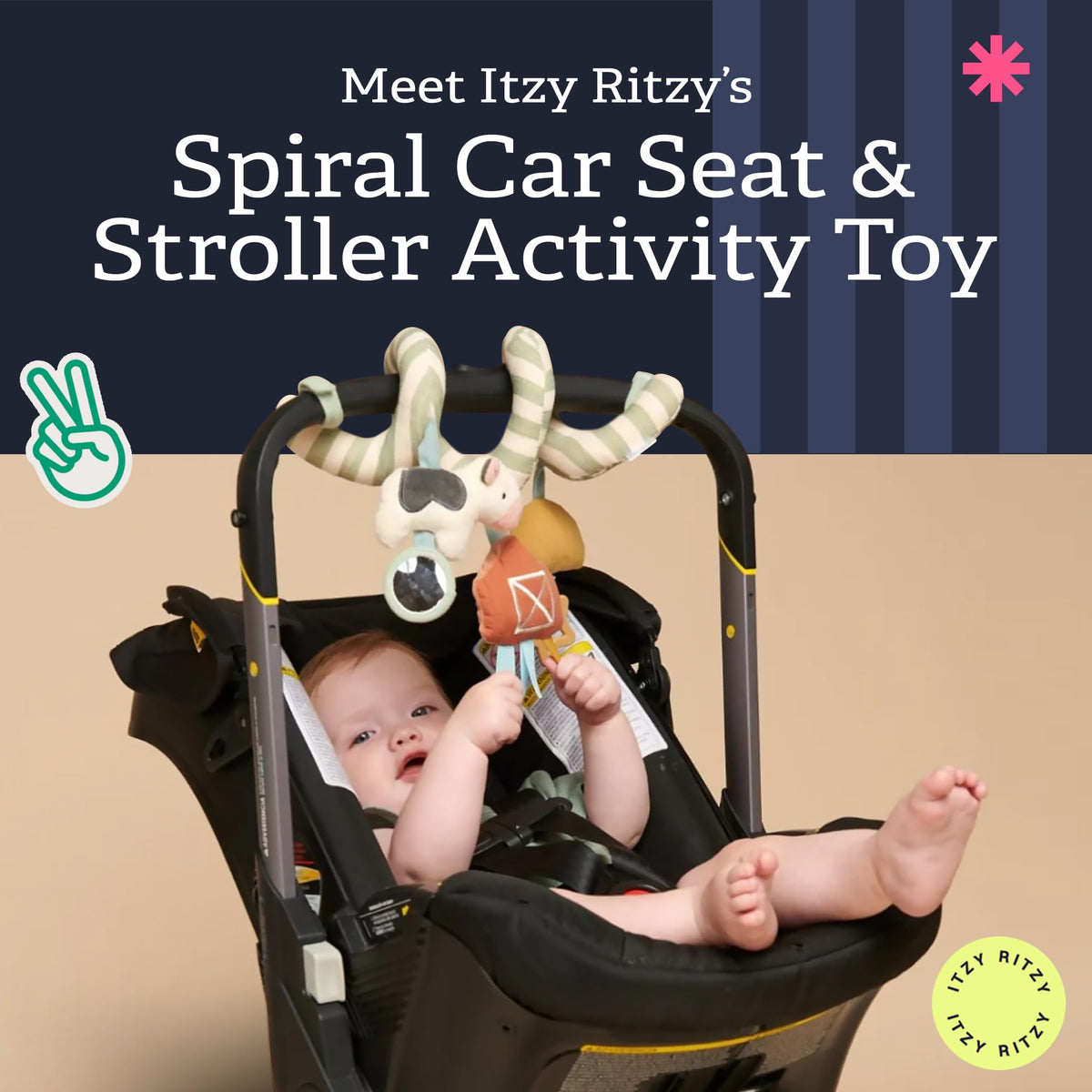 Itzy Ritzy Spiral car seat toy with mirror offers visual engagement on car rides.