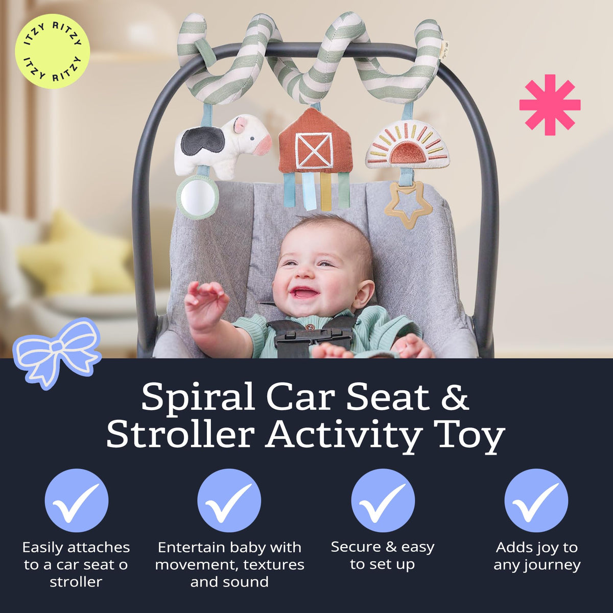 Itzy Ritzy Spiral car seat toy textured ribbons provide tactile exploration during strolls.