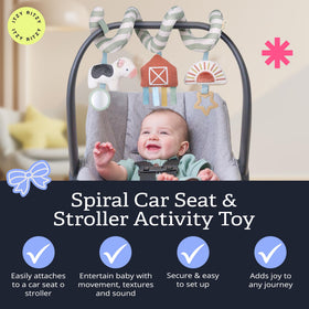 Itzy Ritzy Spiral car seat toy textured ribbons provide tactile exploration during strolls.
