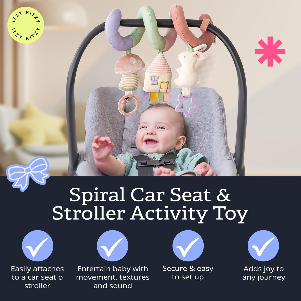 Itzy Ritzy Spiral Toy textured ribbons promote tactile exploration during outings.