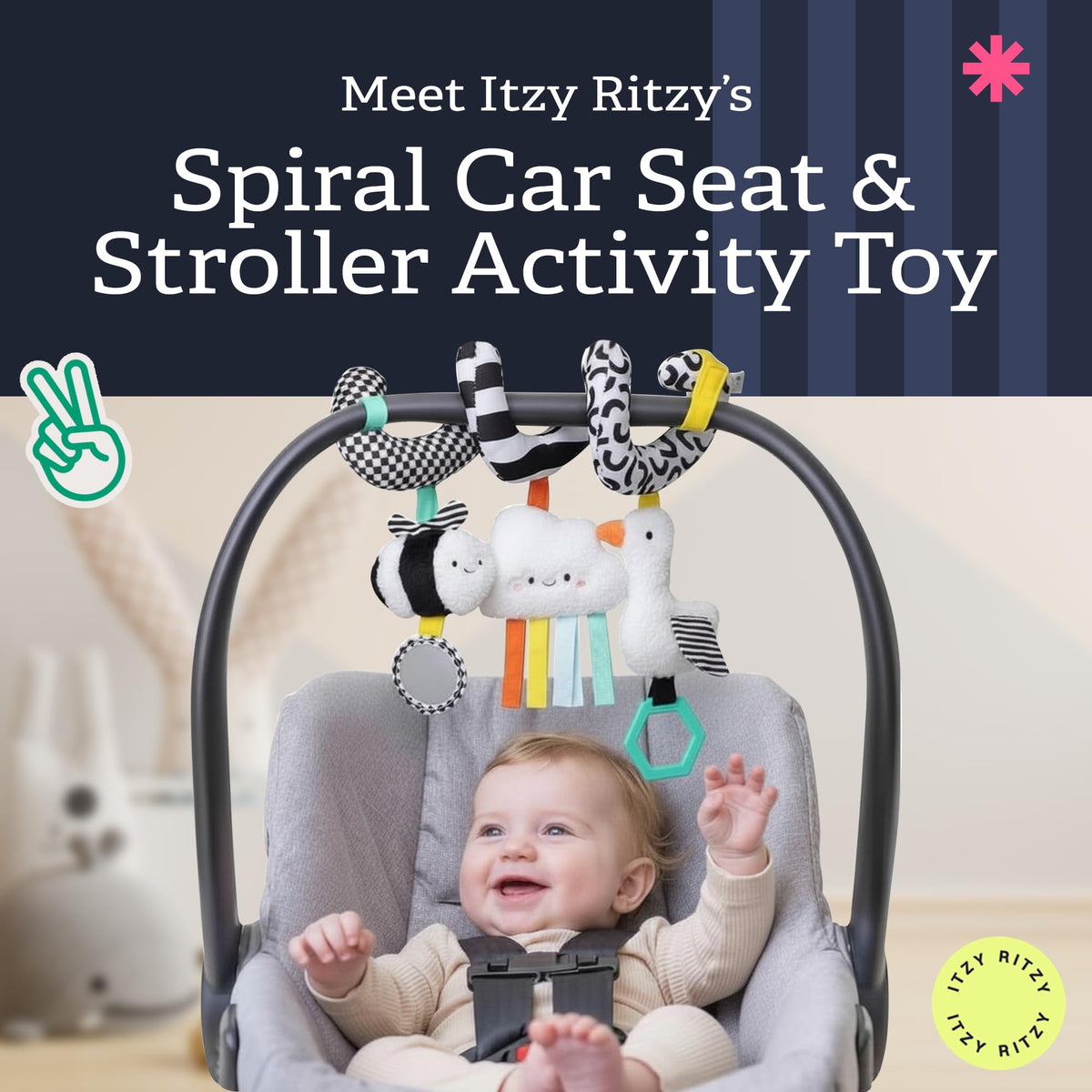 Itzy Ritzy Spiral Toy mirror reflects light for visual engagement during travels